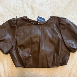 Brown Faux Leather Kirious Blouse